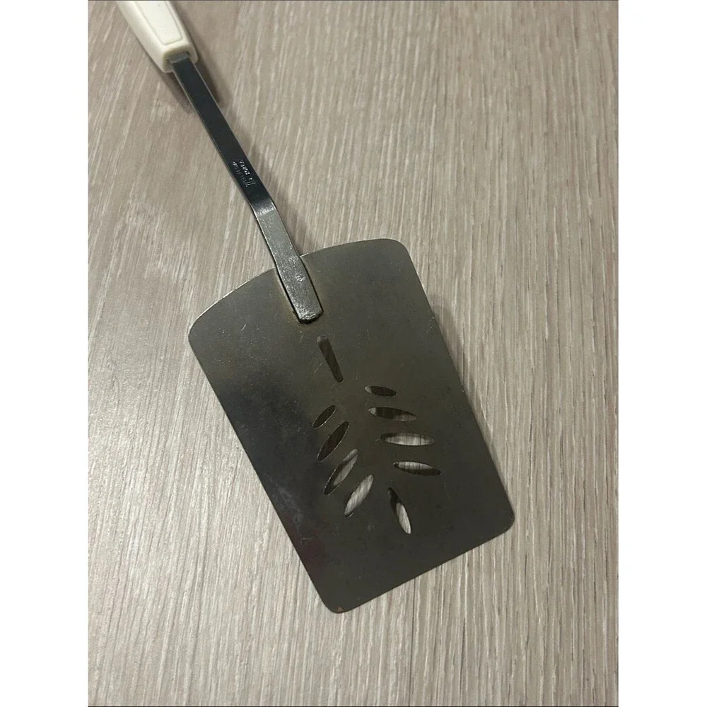 Vintage Vegetable Floral White Plastic Handle Metal Slotted Turner Spatula